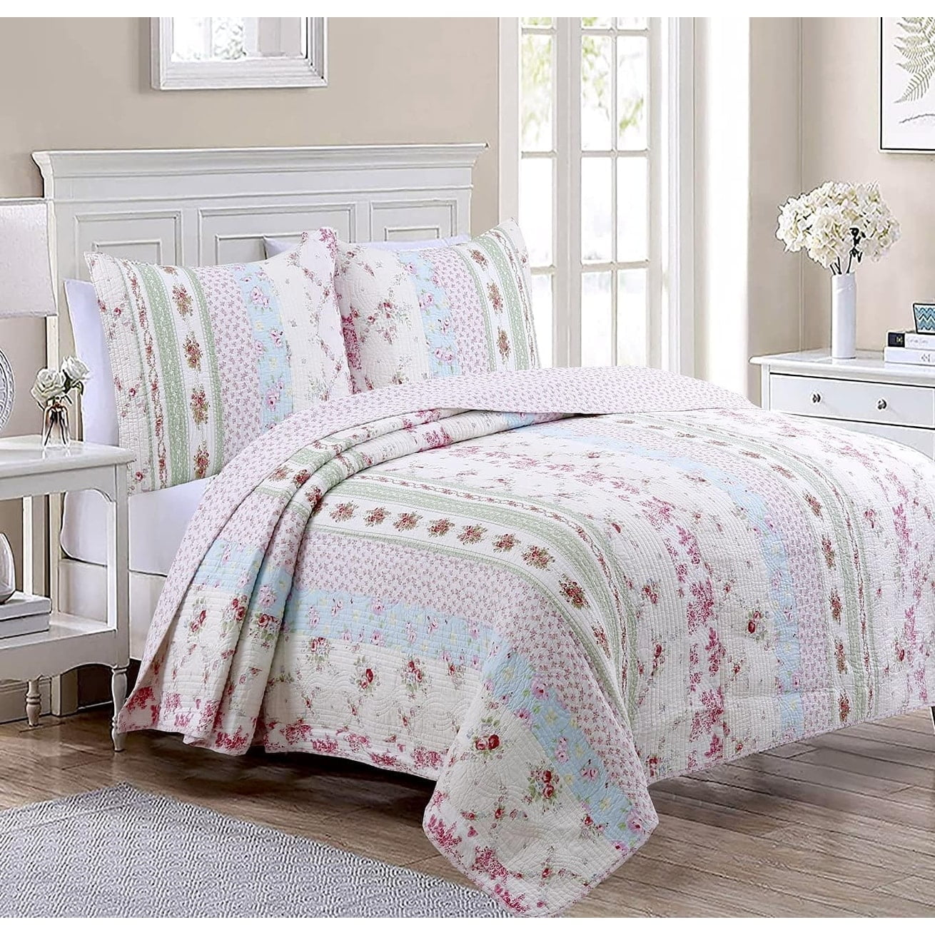 Twin Pink Floral Cotton Reversible Quilt Set