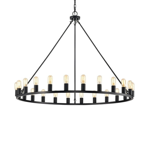 The Gray Barn Liam 48-inch Round Wagon Wheel 24-light Chandelier Matte Black Matte Painted