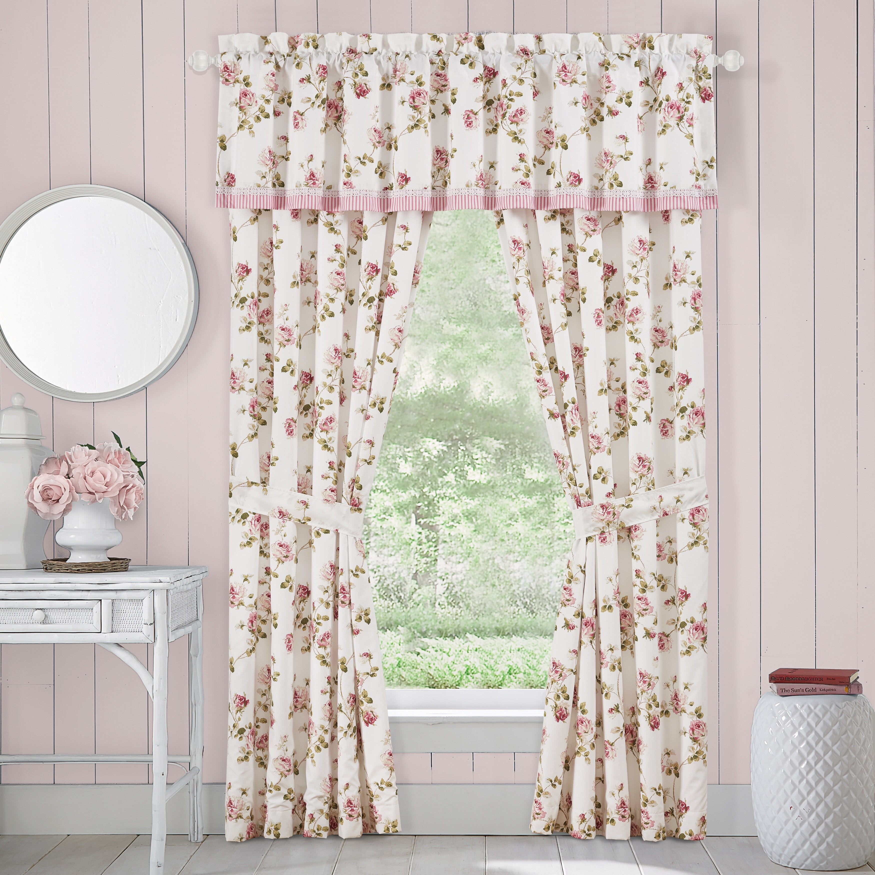 Vintage Floral White and Pink Cotton Window Valance