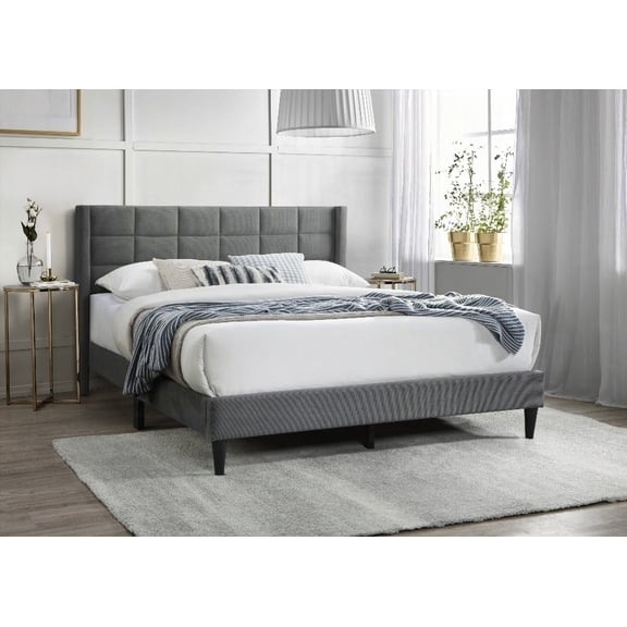 The Gray Brushed Linen Queen Size Bed with Box Design Headboard and Upholstery