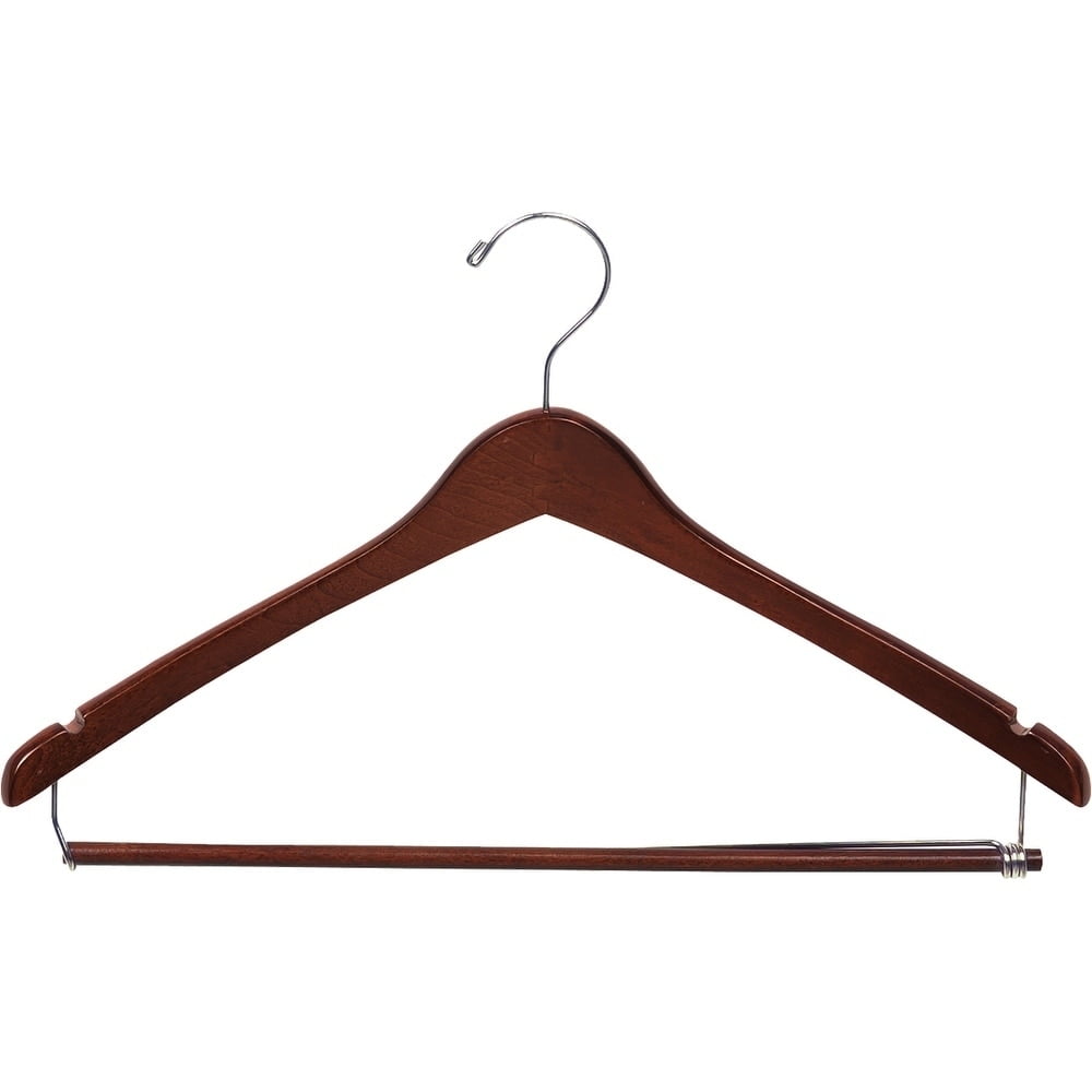 Curved Wood Suit Hanger w/ Locking Bar and Walnut Finish, (Box of