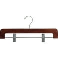 thumbnail image 1 of Deluxe Rounded Wooden Pant Hanger w/ Adjustable Cushion Clips, Box of 25 Flat Wood Bottom Hangers w/ Walnut Finish and Chrome Swivel Hook for Jeans Slacks or Skirt by International Hanger, 1 of 4