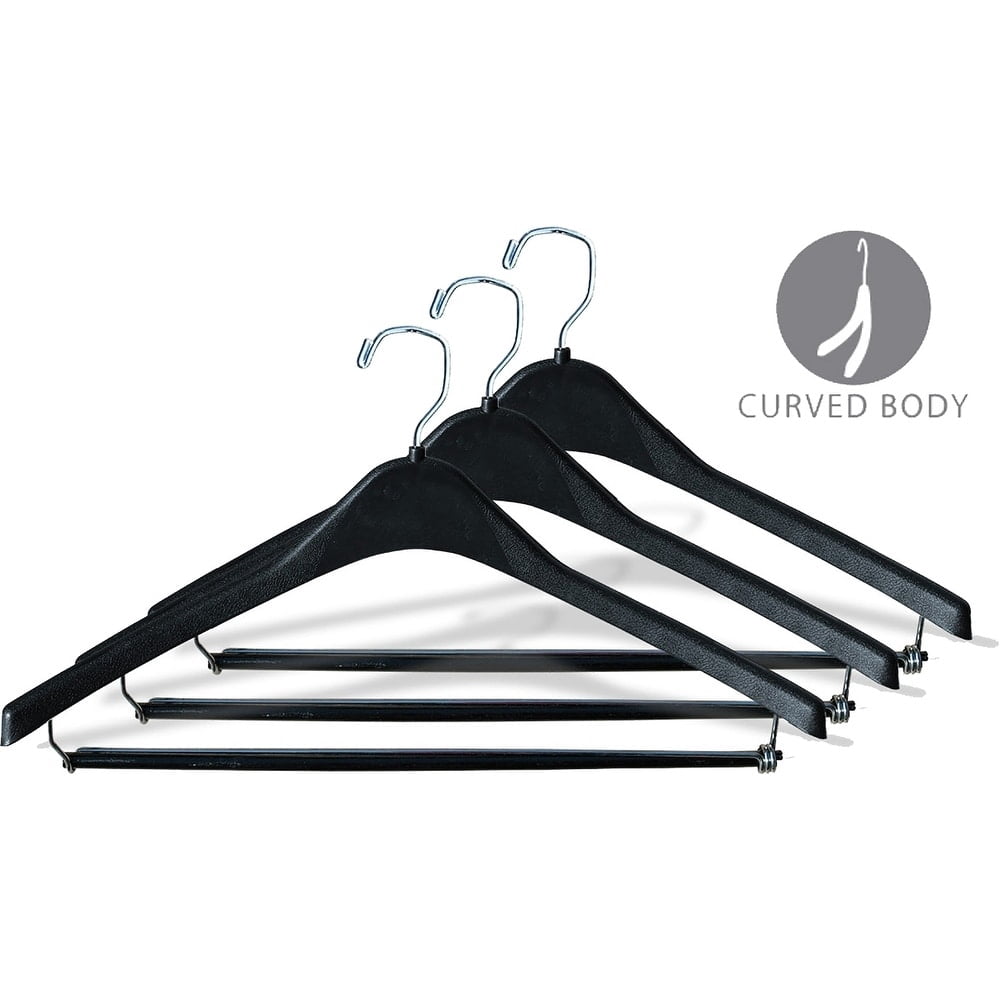 The Great American Hanger Company Heavy-Duty Black Plastic Coat Hanger with Locking Pant Bar, Box of 100 1/2 Inch Thick Countoured Hangers with Chrome