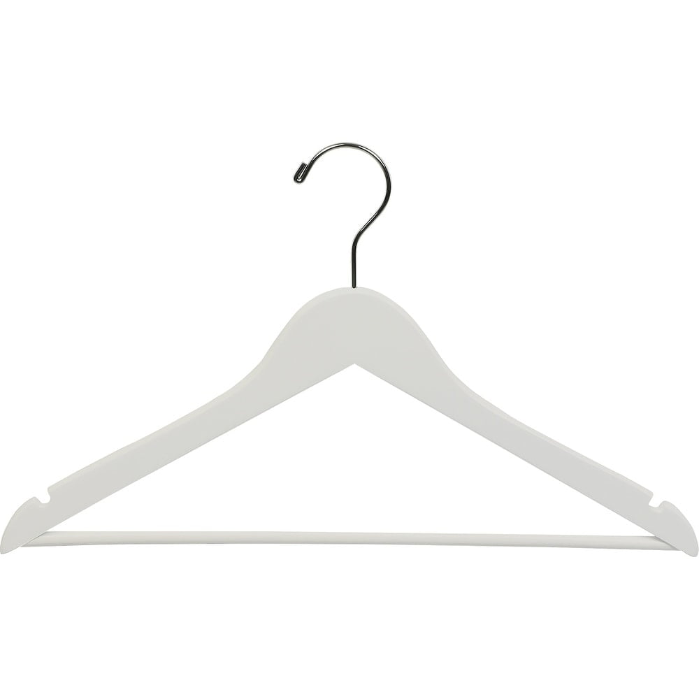 White Wood Suit Hanger w/ Solid Wood Bar, Box of 50 Space Saving 17 Inch Flat Wooden Hangers w/ Chrome Swivel Hook & Notches for Shirt Dress or Pants by International Hanger