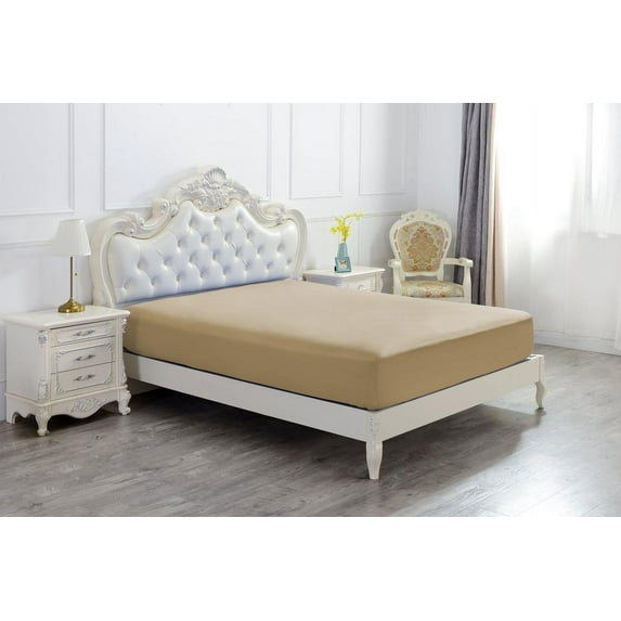 The Great American Store 1PC Solid Fitted Sheet - 1800 Series Brushed Microfiber 26 Inch Deep Deep Pocket - Wrinkle, Fade, Stain Resistant - Hypoallergenic - Expanded Queen Size Solid Beige