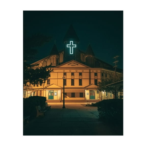 The Great Auditorium, Ocean Grove - Neptune Township New Jersey Photography Architecture Nightlife Vintage Neon Sign Night Sky Unframed Wall Art Print 20 x 24 inches