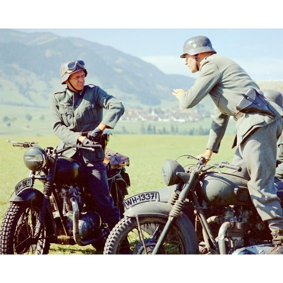 The Great Escape Steve McQueen 24x36 Movie Poster on set with Triumph TR6 bikes