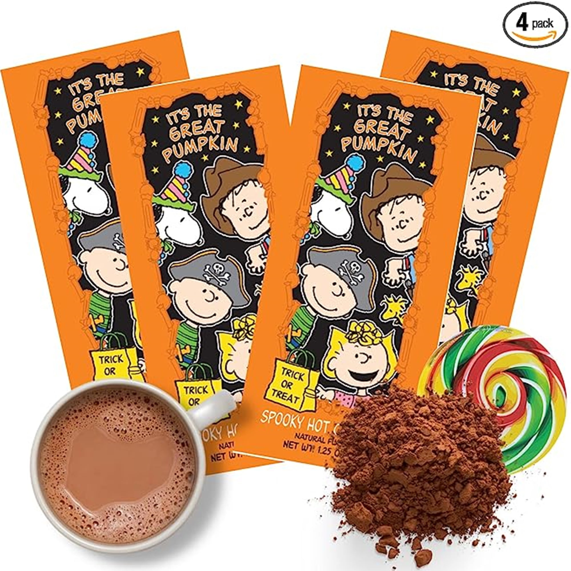 Four orange packs of hot chocolate with a mug of hot chocolate, a pile of hot chocolate powder, and a colorful swirl candy