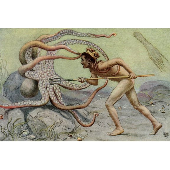 The Great Sea Horse 1909 Young Neptune battling octopus Poster Print by John Elliott