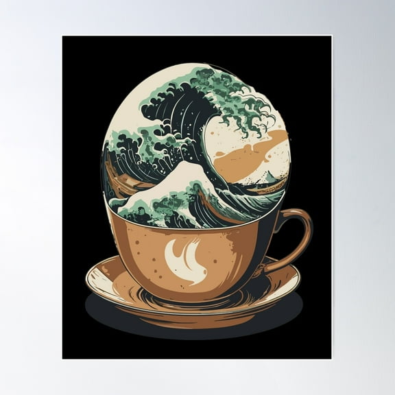 The Great Wave Of Caffeine Classic Japanese Wave Inside Coffee Cup Poster Wall Art, Modern Wall Decor For Living Room Bedroom, 8x12 UNFRAMED