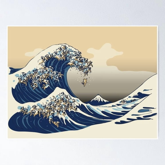 The Great Wave Of Pugs Vanilla Sky Vintage Retro Positive Quote Poster , Poster Print Only