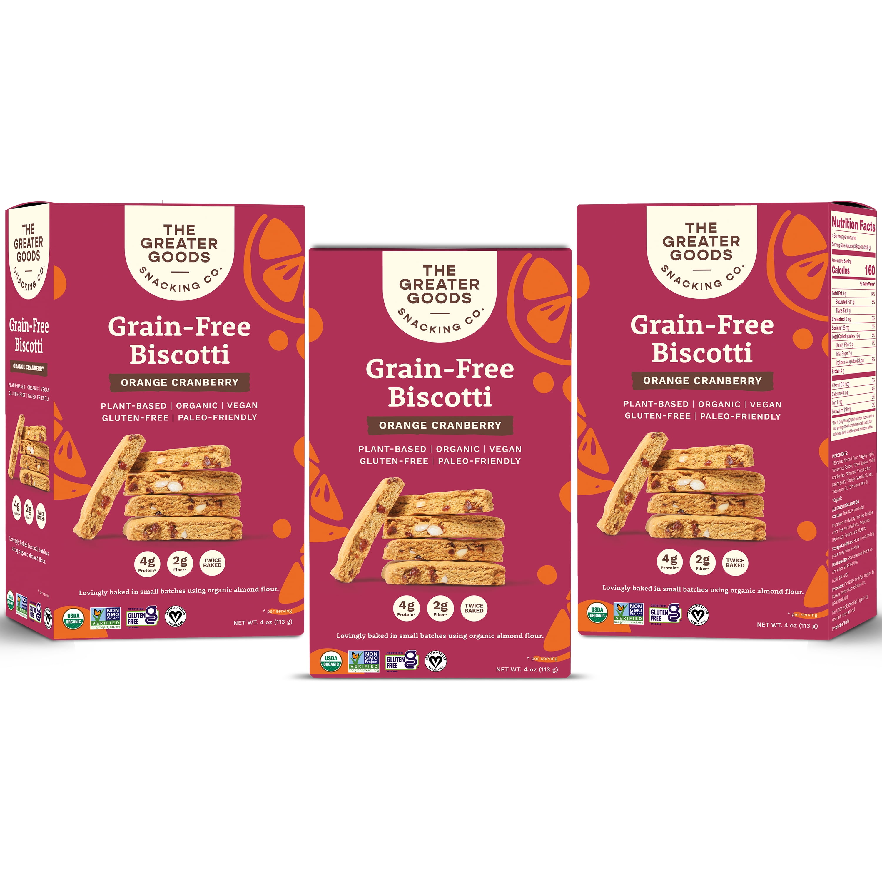 The Greater Goods Snacking Co., Gluten Free Orange Cranberry Biscotti Cookies, 4oz, 3 Boxes