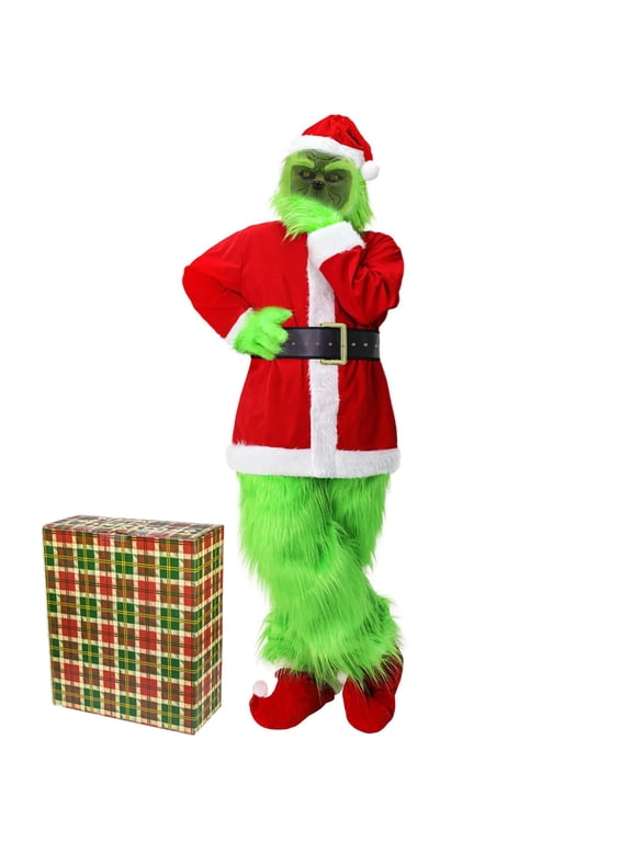Christmas Costume Green Santa Suit 7pcs Unisex Adult's Cosplay Costume Size SM