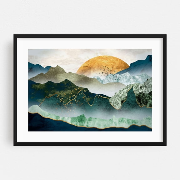The Green Golden Mountains - Illustration Abstract Landscape Mountain Modern Art Nature Geometric Sunset Black Framed Wall Art Print 5 x 7 inches
