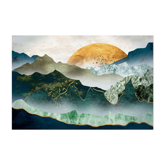 The Green Golden Mountains - Illustration Abstract Landscape Mountain Modern Art Nature Geometric Sunset Unframed Wall Art Print 5 x 7 inches