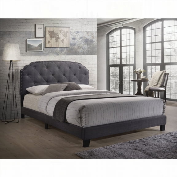 The Grey Upholstered Queen Bed: Soft Grey Fabric & Refined Nailhead Accent