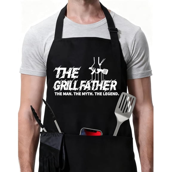 The Grillfather Apron for Men, Funny BBQ Apron with "The Man The Myth The Legend" Print, Adjustable Chef Apron with Pockets for Grilling