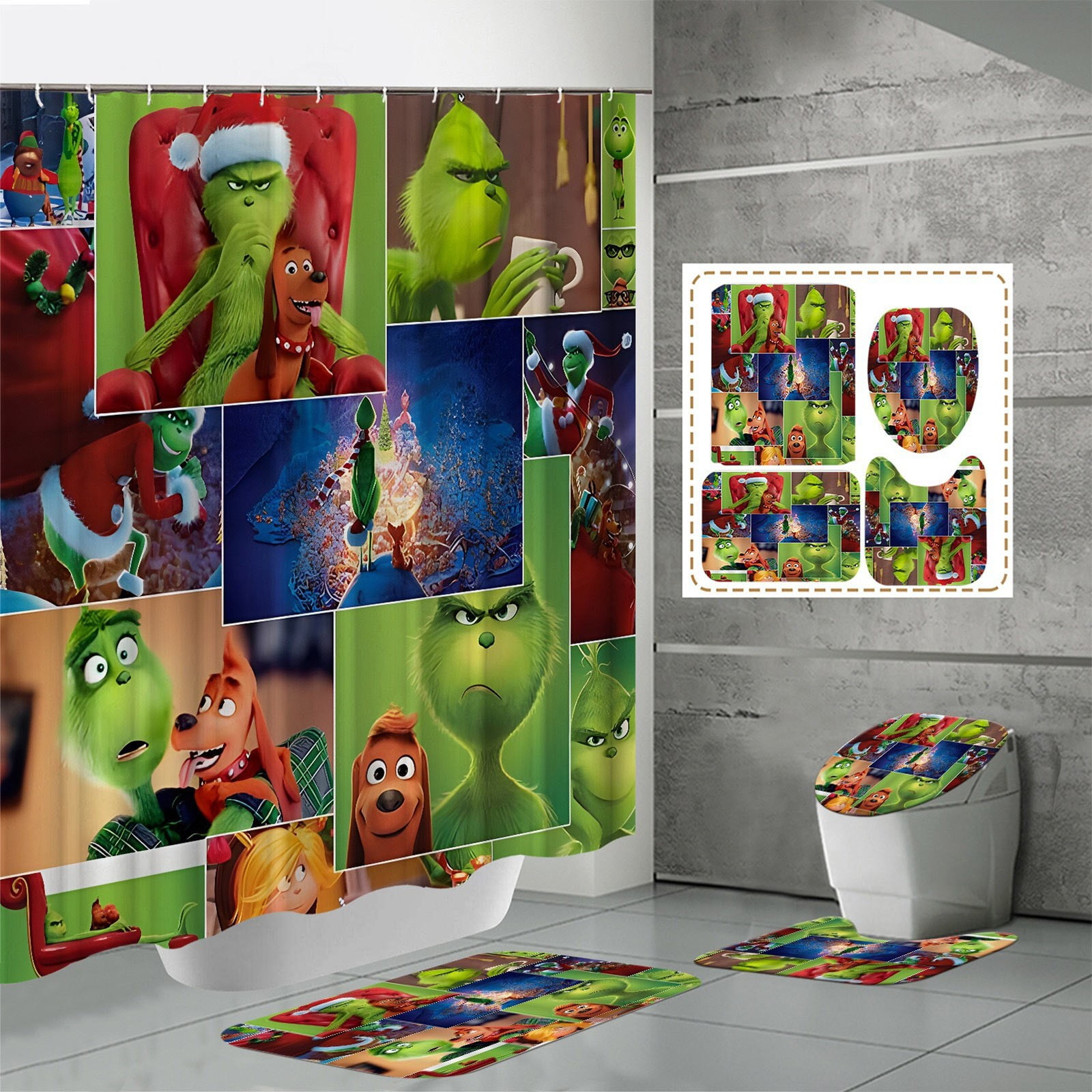 The Grinch, 4 Pcs Christmas Bathroom Set, Christmas Shower Curtain Sets