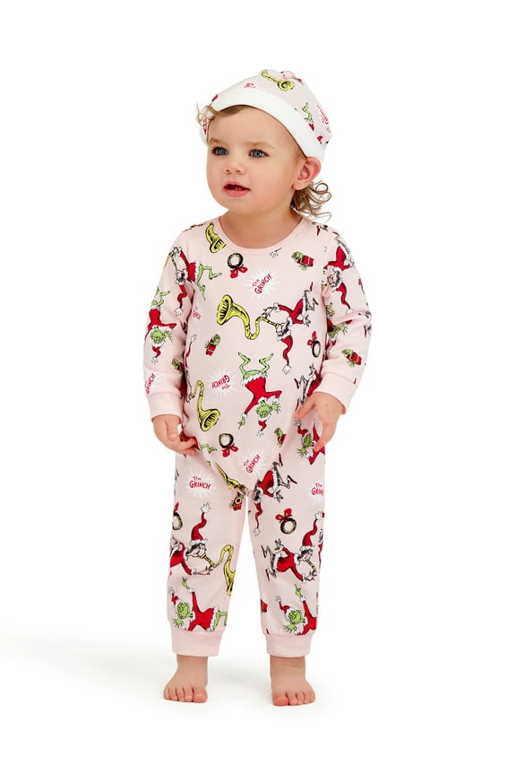 The Grinch Baby Girl Pink Long Sleeve Coverall and Hat, Sizes 0/3M-24M