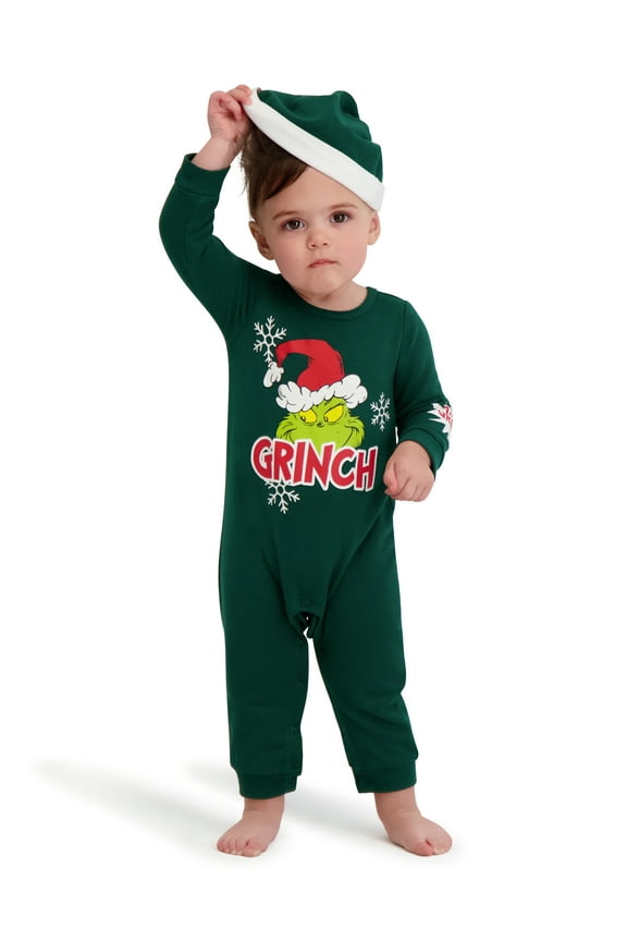 The Grinch Baby Unisex Green Long Sleeve Coverall and Hat, Sizes 0/3M-24M