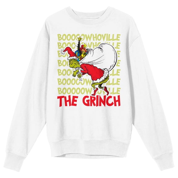 The Grinch Boowhoville Adult White Crew Neck Long Sleeve Sweatshirt-Medium