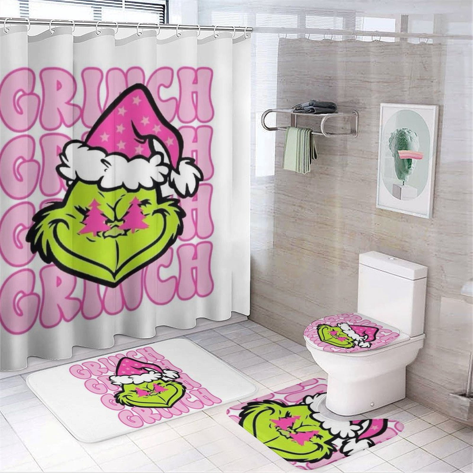 The -Grinch Cartoon Shower Curtain Set for Bathroom 4 Piece Bathroom ...