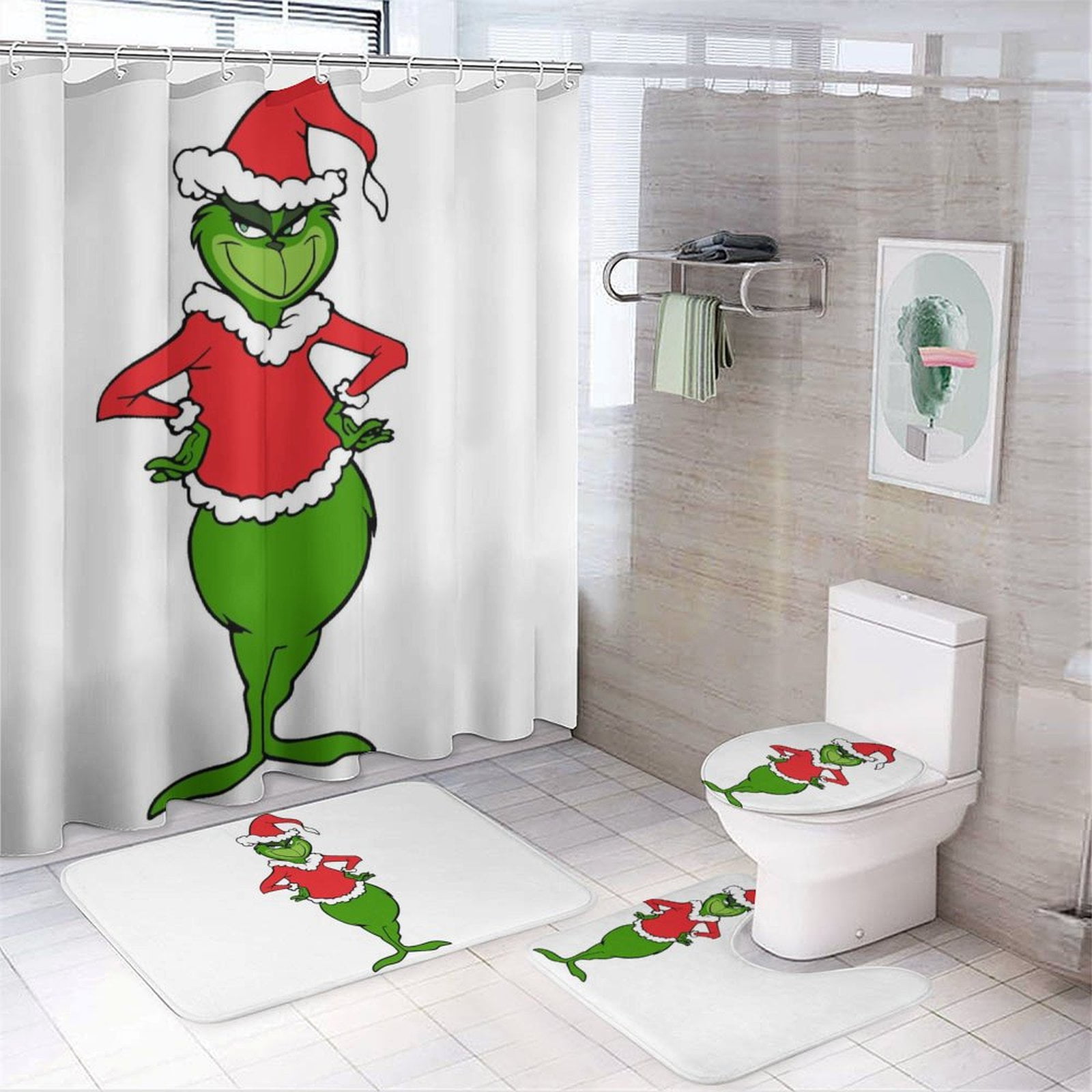 The - Grinch Cartoon Shower Curtain Set for Bathroom 4 Piece Bathroom ...