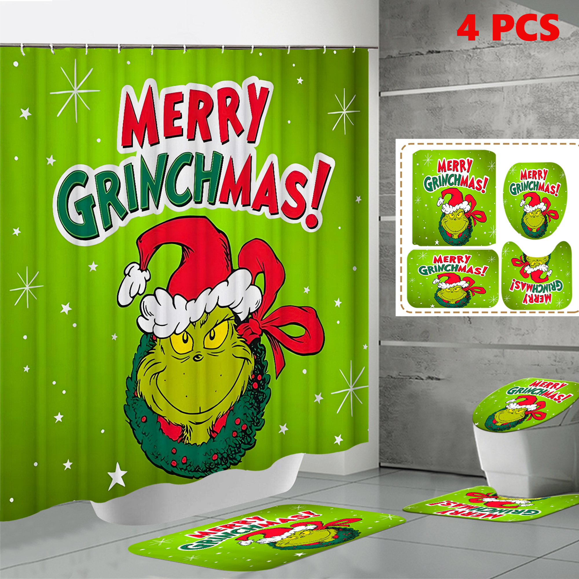 The Grinch Christmas Bathroom 4 Piece Set with Shower Curtain，NonSlip