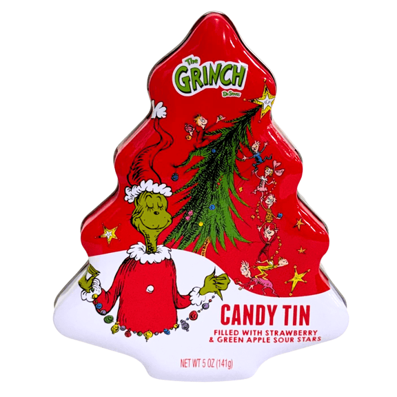 The Grinch Christmas Tree Tin with Strawberry and Green Apple Sour Star Candies, 5 oz