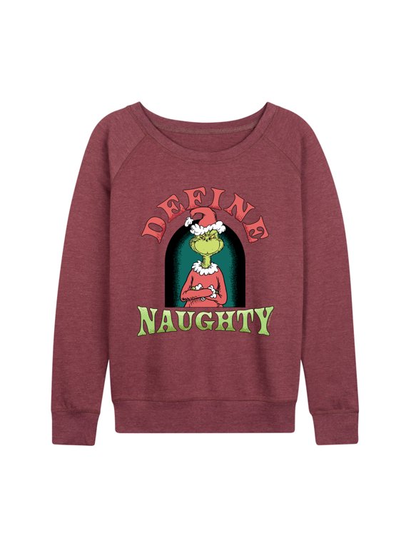 The Grinch - Define Naughty Women's Lightweight French Terry Wide Neck Long Sleeve Graphic Shirt