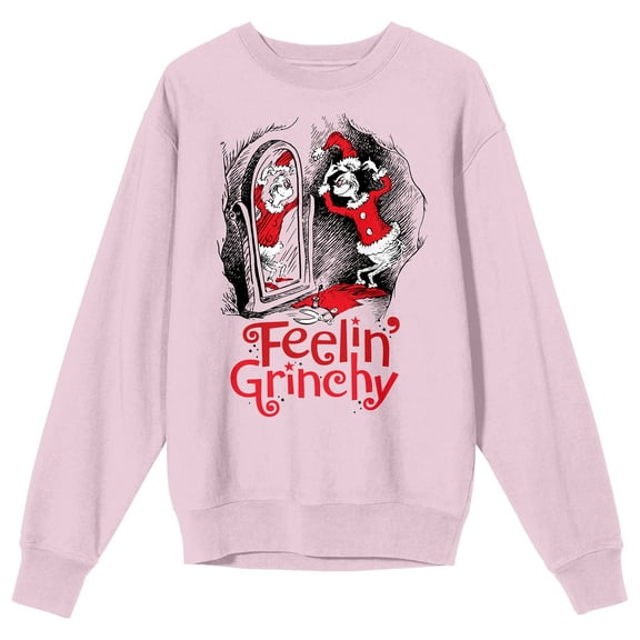 The Grinch Feelin' Grinchy Adult Cradle Pink Crew Neck Long Sleeve Sweatshirt - Medium