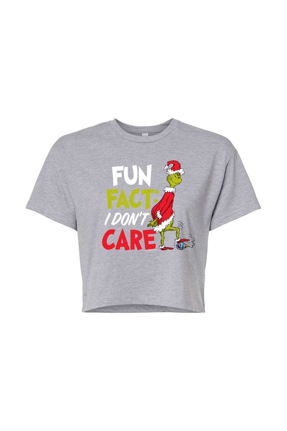 The Grinch - Fun Fact I Don't Care - Juniors Cropped Graphic T-Shirt