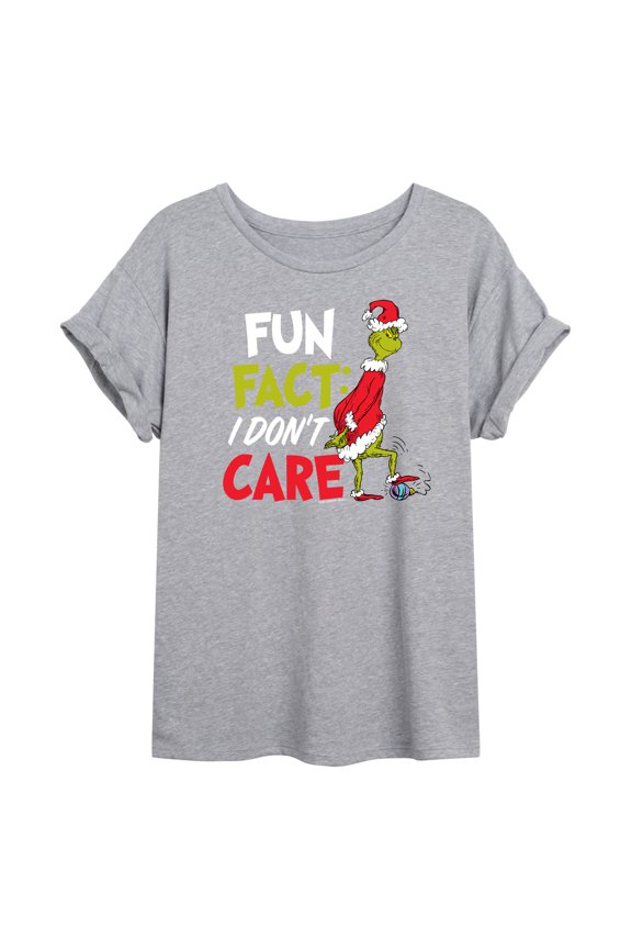 The Grinch - Fun Fact I Don't Care - Juniors Oversized Graphic T-Shirt