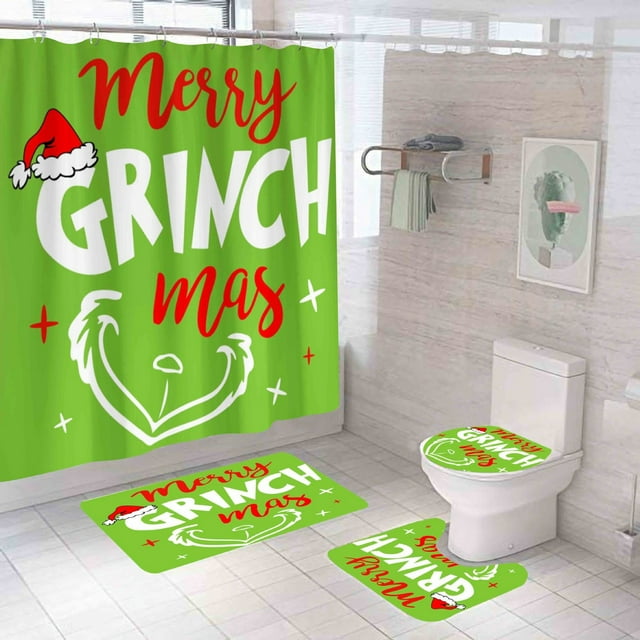 The Grinch, Grinch Bathroom Decor, 4Pcs Christmas Shower Curtain Set
