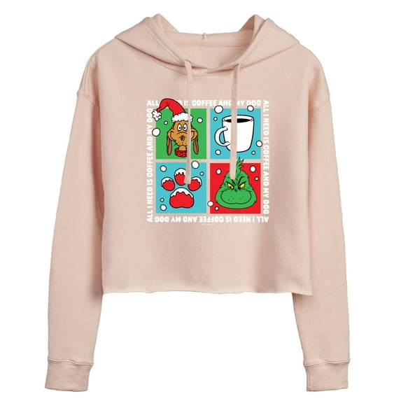 The Grinch - Grinch Coffee And Dog Grid - Juniors Cropped Pullover Hoodie