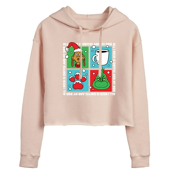 The Grinch - Grinch Coffee And Dog Grid - Juniors Cropped Pullover Hoodie