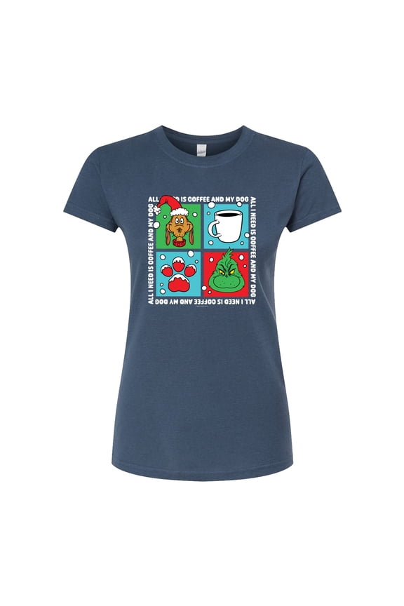 The Grinch - Grinch Coffee And Dog Grid - Juniors Fitted Graphic T-Shirt