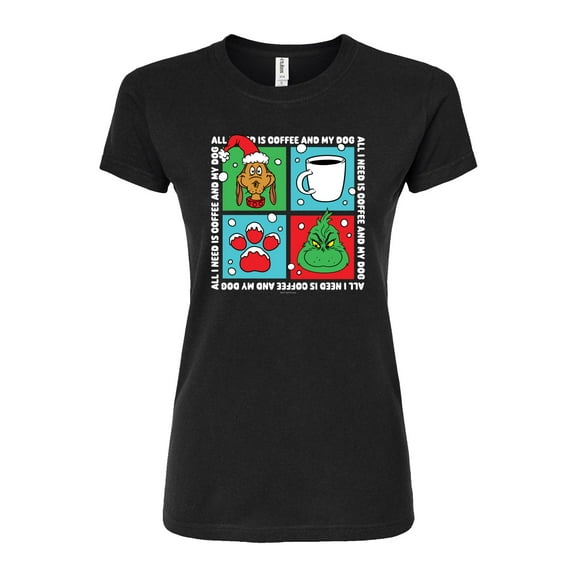 The Grinch - Grinch Coffee And Dog Grid - Juniors Fitted Graphic T-Shirt