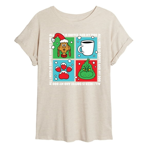 The Grinch - Grinch Coffee And Dog Grid - Juniors Ideal Flowy Muscle T-Shirt