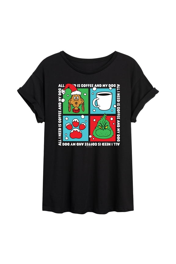 The Grinch - Grinch Coffee And Dog Grid - Juniors Ideal Flowy Muscle T-Shirt