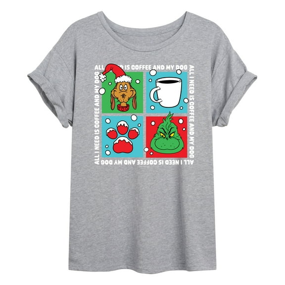 The Grinch - Grinch Coffee And Dog Grid - Juniors Ideal Flowy Muscle T-Shirt