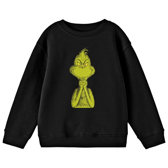 The Grinch Half Body Menacing Smile Boy's Black Crew Neck Long Sleeve Sweatshirt-Medium