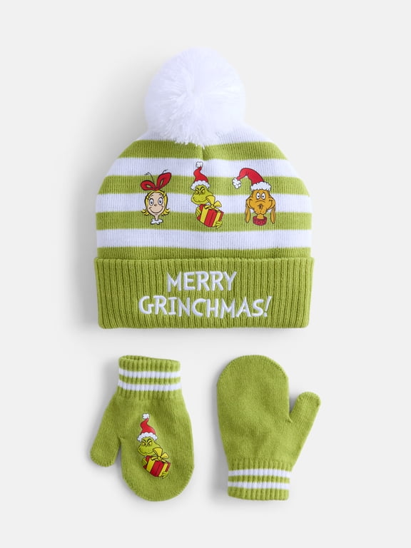 Dr. Seuss Toddler Boys or Girls The Grinch Knit Beanie and Mittens Set, 2 Piece, One Size