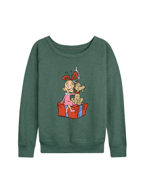 The Grinch - Max And Cindy Lou Present Women's Lightweight French Terry Wide Neck Long Sleeve Graphic Shirt