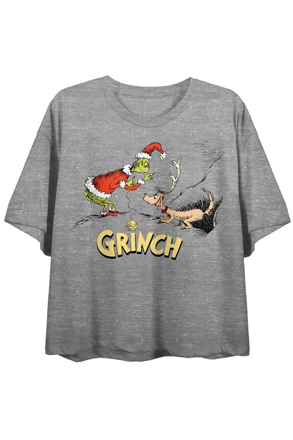 The Grinch & Max Women's Athletic Heather Crew Neck Short Sleeve Crop Top-Medium