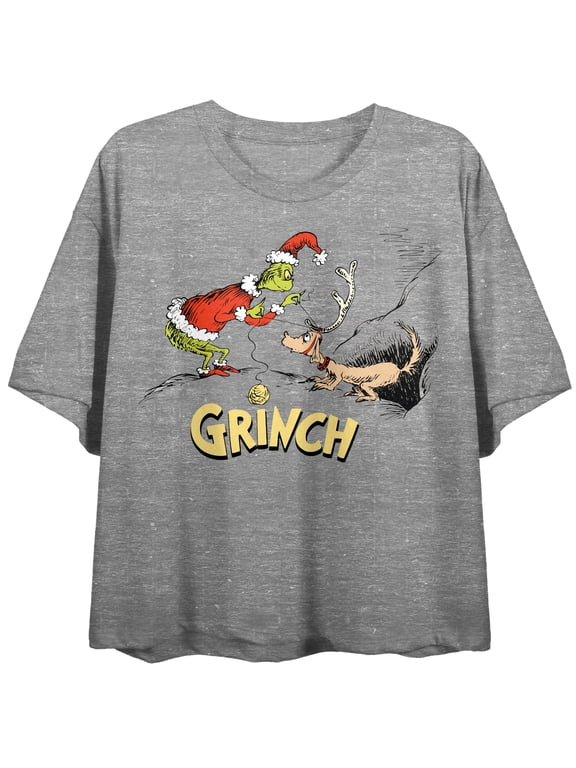 The Grinch & Max Women's Athletic Heather Crew Neck Short Sleeve Crop Top-XS