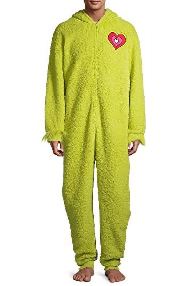 The Grinch Men's Fuzzy Plush Warm Holiday Hooded Union Suit Pajamas, Green, XL