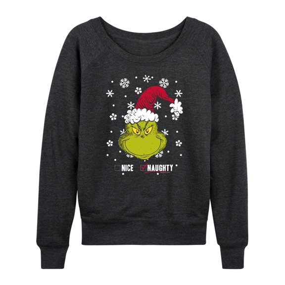 The Grinch - Naughty Check Women's Lightweight French Terry Wide Neck Long Sleeve Graphic Shirt