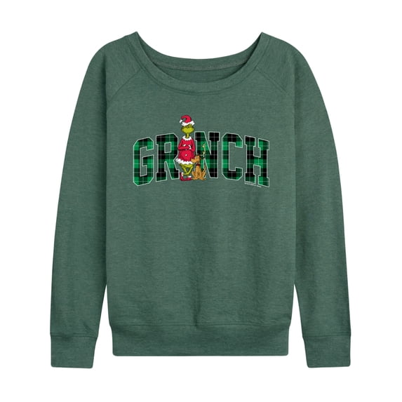 The Grinch - Plaid Women's Lightweight French Terry Wide Neck Long Sleeve Graphic Shirt