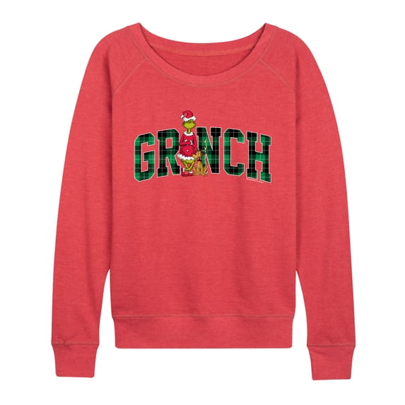 The Grinch - Plaid Women's Lightweight French Terry Wide Neck Long Sleeve Graphic Shirt